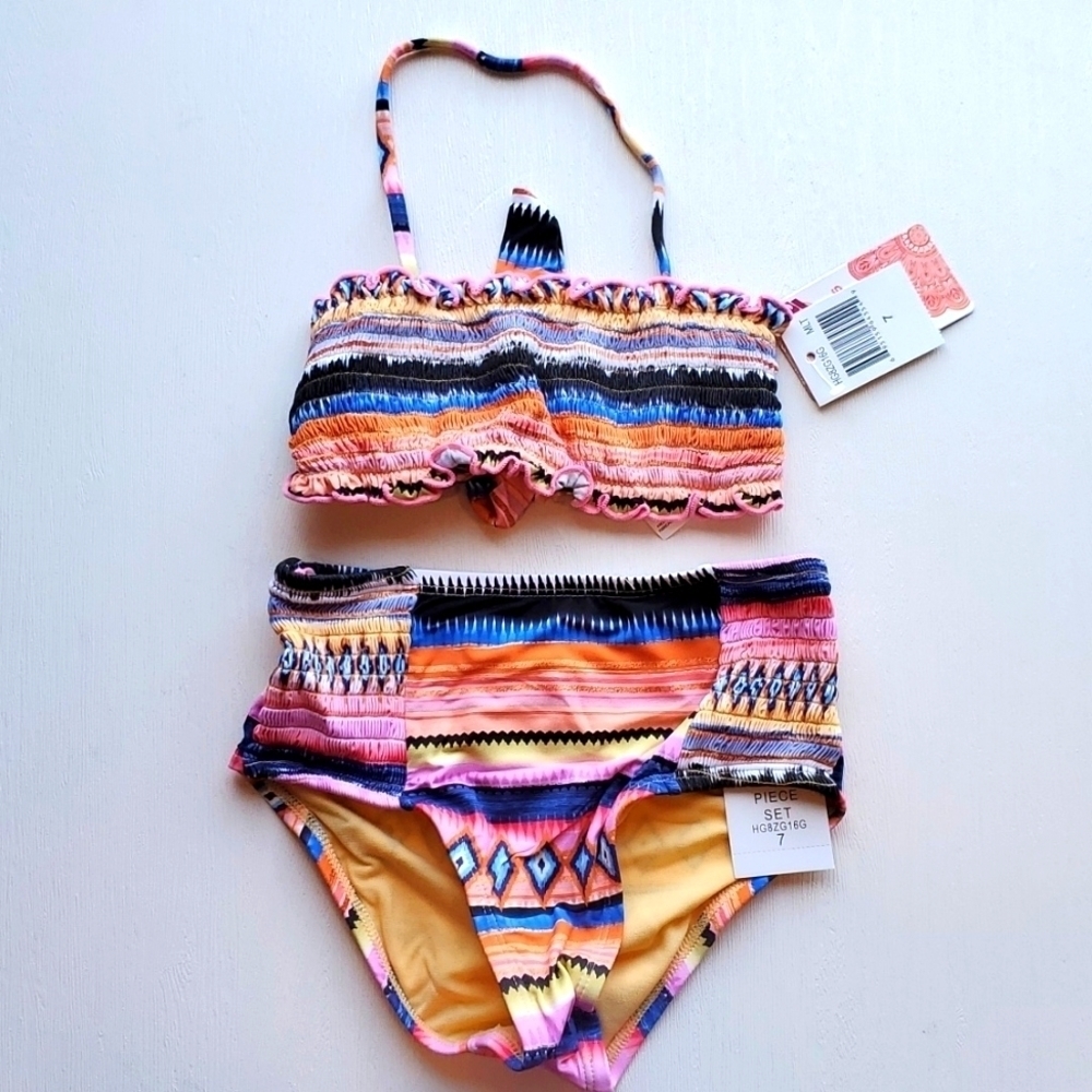 Hobie Girls Colorful Aztec Bandeau Bikini 7 NWT